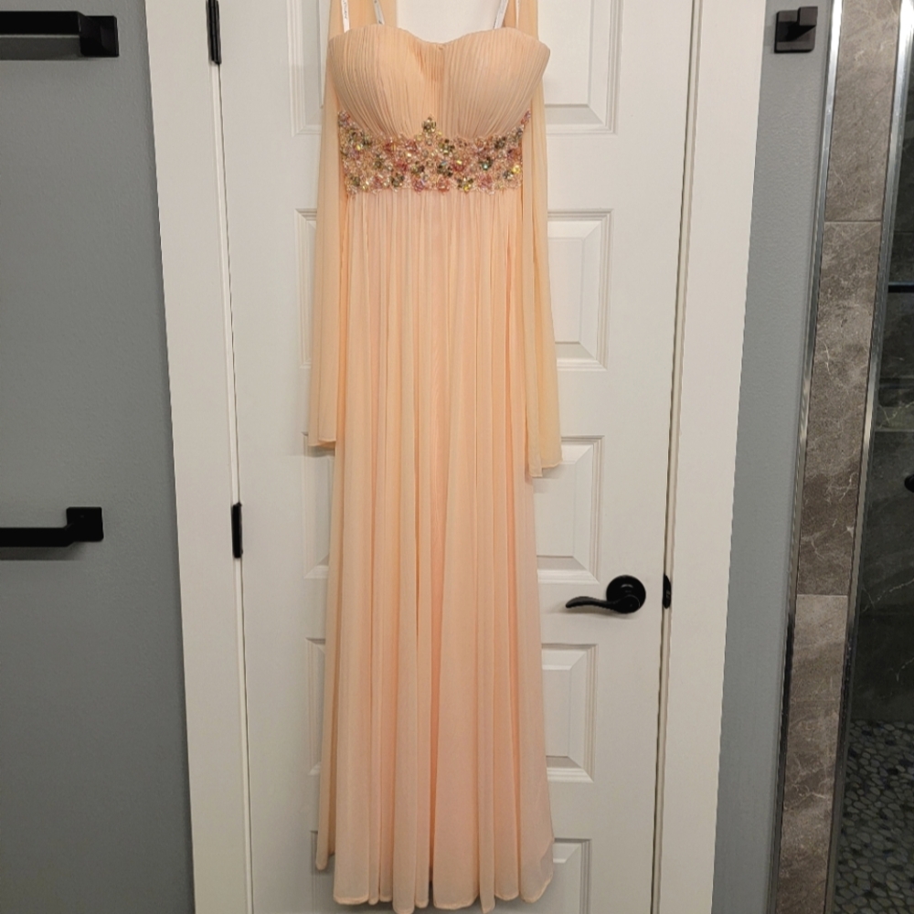 Jovani Cache Strapless Blush Pink Floral Sequins with Scarf Prom Dress